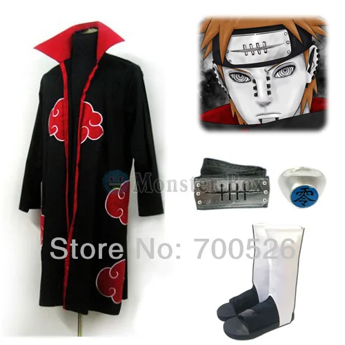 Naruto Pain Cosplay Costume Akatsuki Cloak Shoes Ring Headband Mens Ninja P...