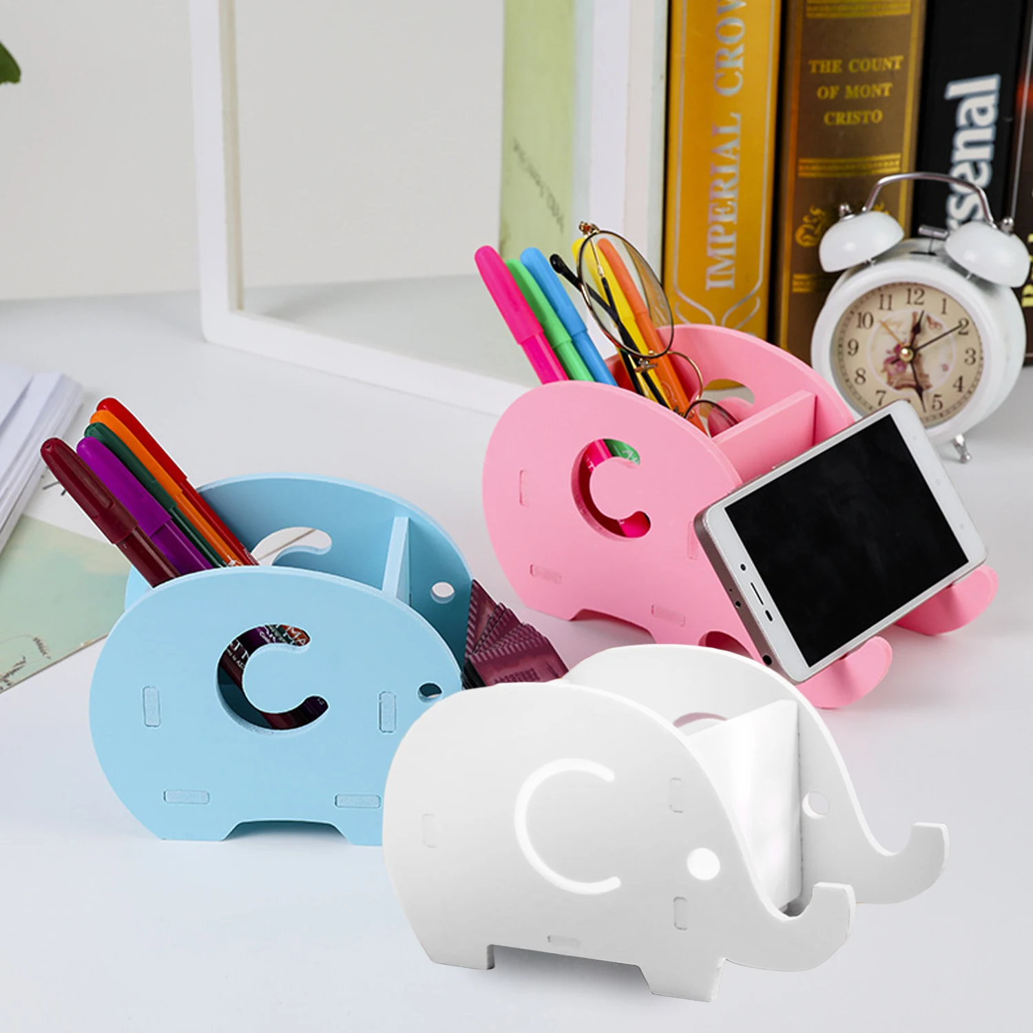 

Besegad Multifunction Cute Elephant Wooden Pen Holder Desk Organizer Phone Stand for iPhone 7 8 Home Office Kids Birthday Gift