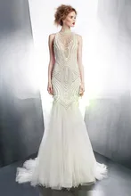 Luxury Heavy Handmade Pearls Mermaid Wedding Dress Bride High Neck Sleeveless Sweep Train Vestido De Noiva NM 862
