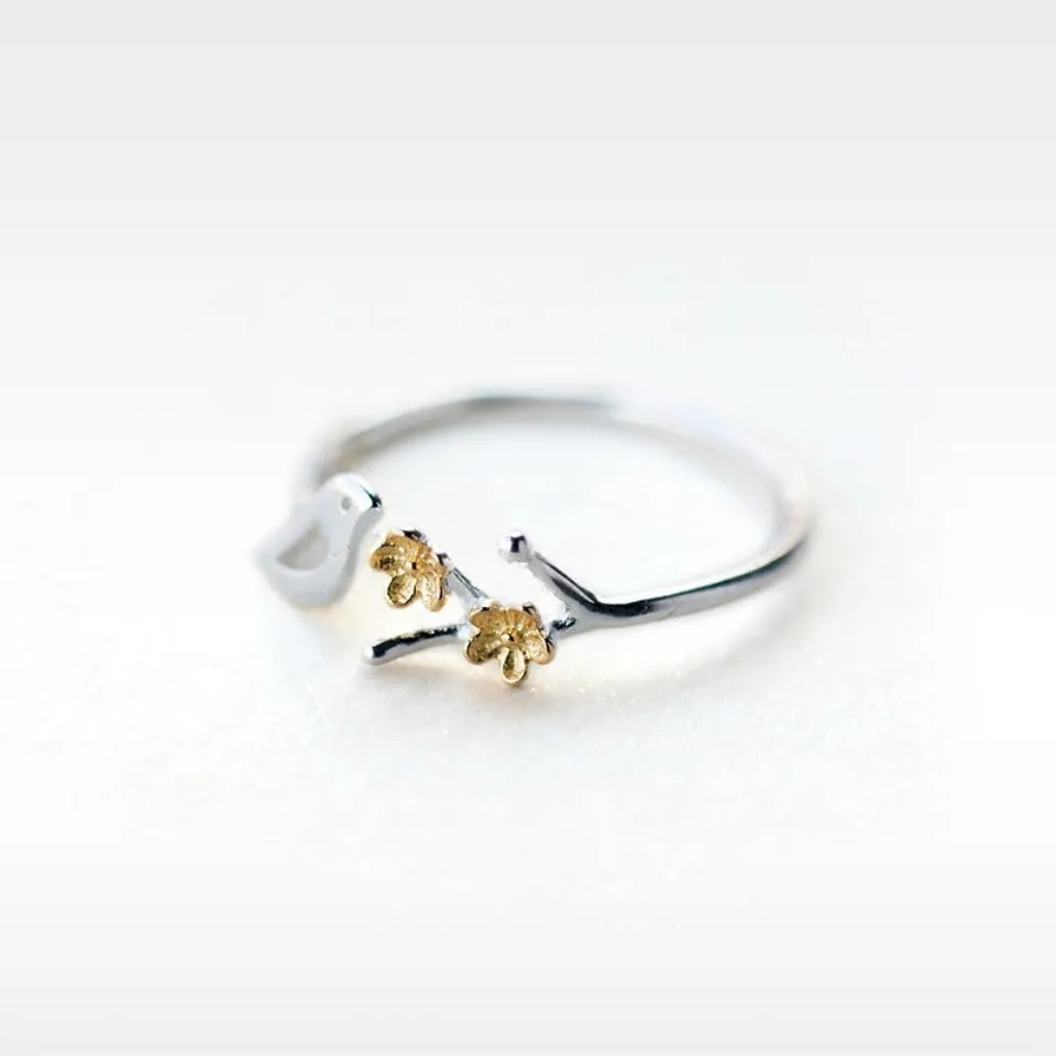 Gold Color Flower Leaves Open Adjustable Rings Bird 925 Ring Women 2018 Fashion Jewelry Delicate Ladies Party Rings Finger Ring
