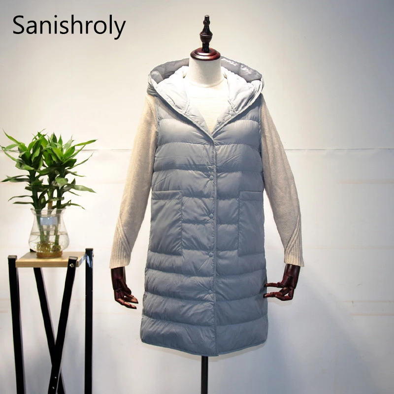 

Sanishroly Spring Winter Women Hooded Sleeveless Waistcoat Ultra Light Duck Down Vest Female Midi Long Down Coat Parka Tops S416