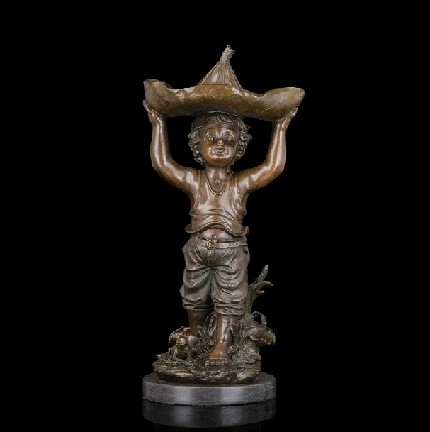 

Arts Crafts Copper Large Outdoor Bronze Sculpture Lifesize Boy with Lotus Leaf Statues Art Collectible Vintage Handicraft for Ch