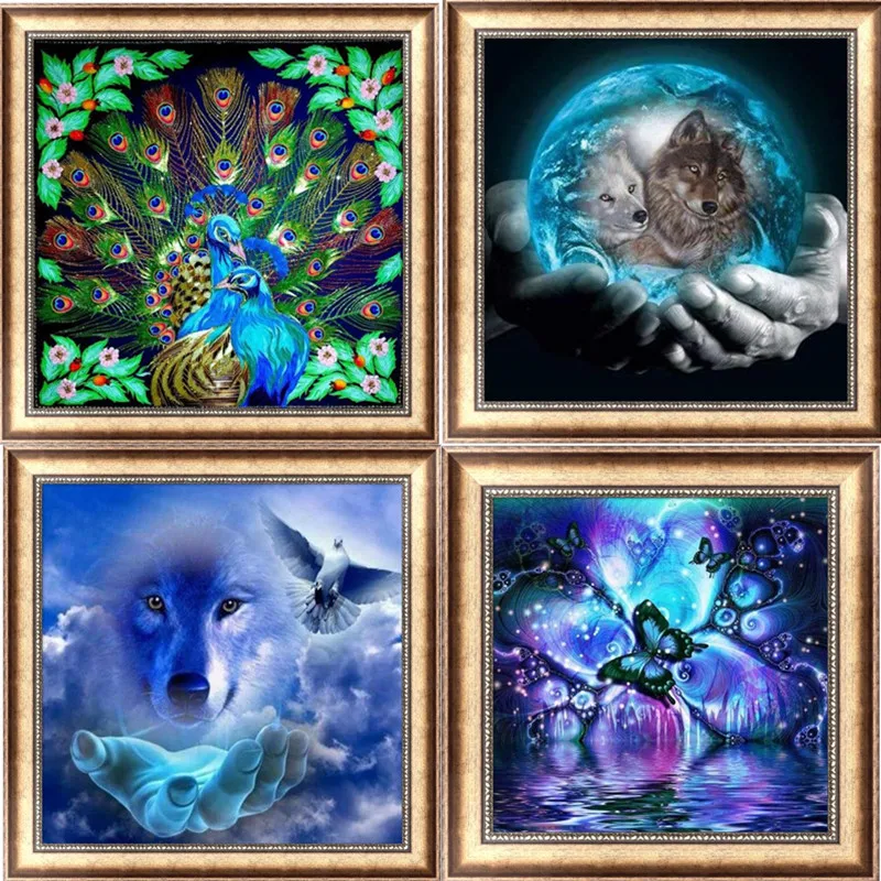 

5D Diy Diamond Painting Cross Stitch Peacock, Wolf Painting Diamond Embroidery Full Circle Diamond Mosaic Picture