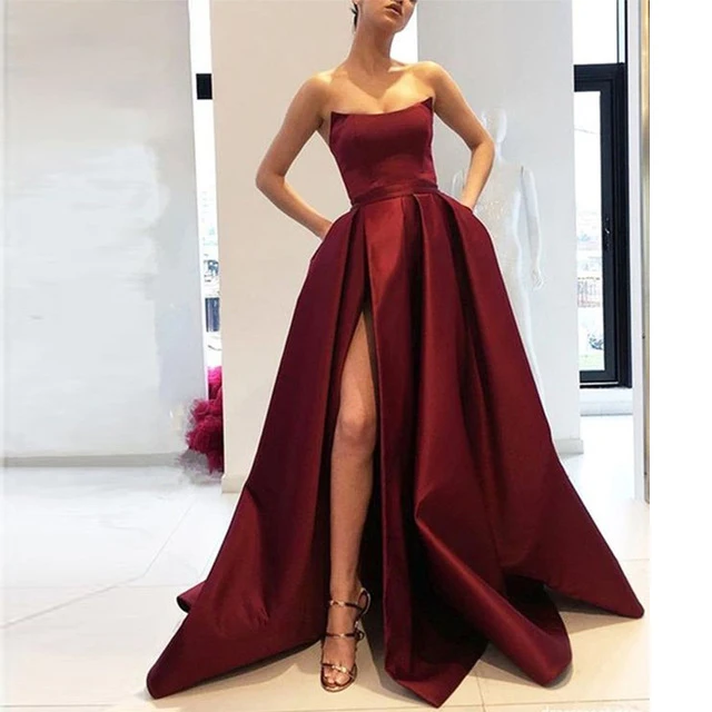 

A Line Strapless High Slit Satin Burgundy Prom Dresses Long Navy Blue Evening Gown with Pockets Formal Dress Women Elegant