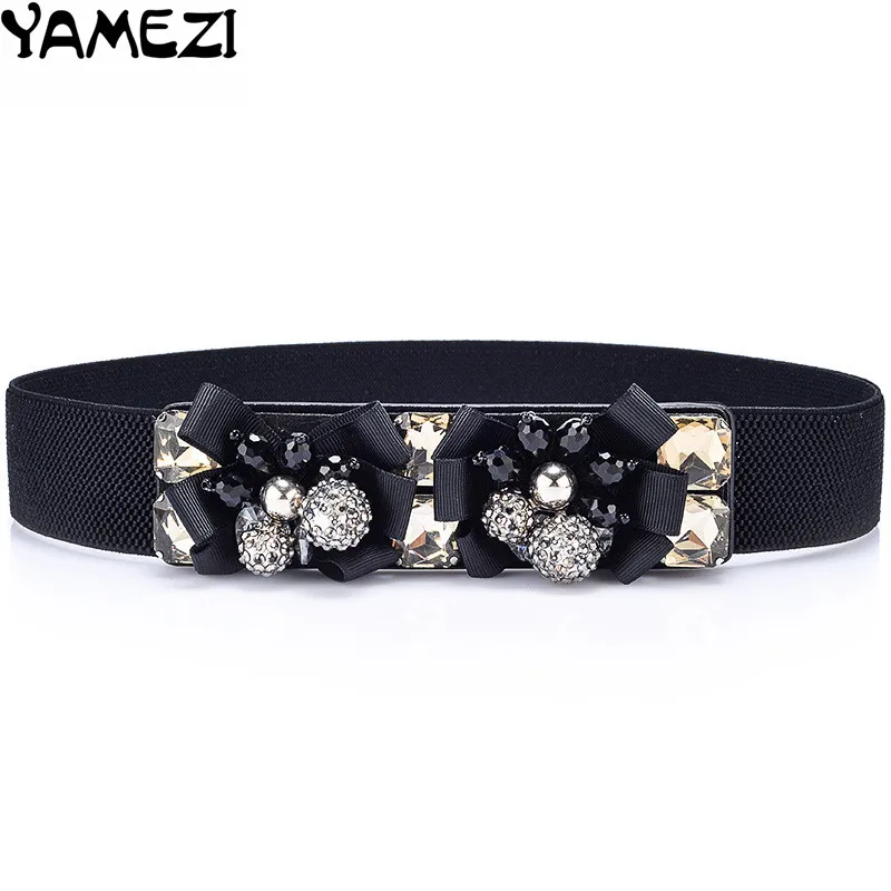 New Crystal Elastic Belt Waist Waistband Women Stretch Wide Flower Buckle
