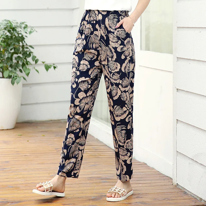 

22 Colors 2019 Women Summer Casual Pencil Pants XL-5XL Plus Size High Waist Pants Printed Elastic Waist Middle Aged Women Pants