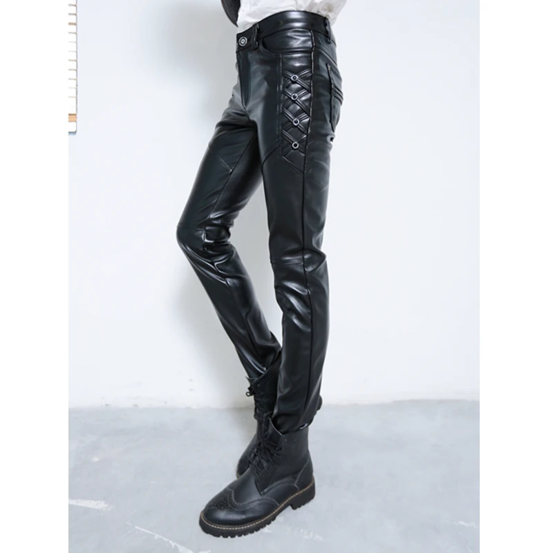 Новые модные мужские PU кожаные брюки, мужские обтягивающие брюки, байкерские Клубные Студенческие Брюки для вечеринок, размер 28-36