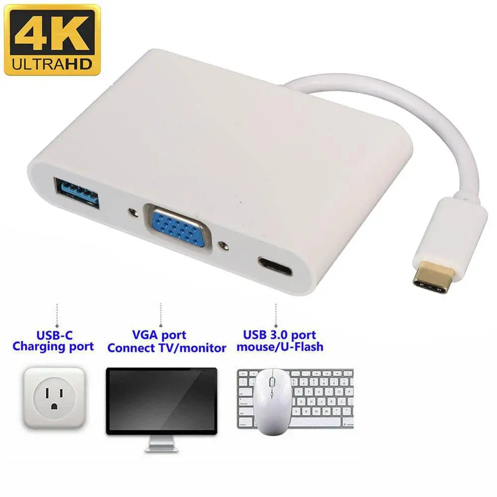 

3 In 1 Mini Display Port VGA Female Adapter Converter Cable Type-C To VGA Adapter 3-in-1 Multi Ports USB 3.0 4K Charging Convert
