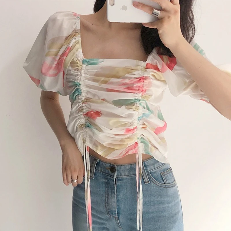 

Dreamy Colorful Pattern Print Crop Top Square Neck Women Blouse Puff Sleeve Pleats String Shirt Chemise Femme Blusa Mujer