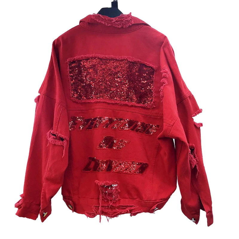

2019 Autumn Women Jacket Coat Sequin Loose Women Jackets Long Sleeve Abrigo Mujer Top Chaquetas Mujer Button Hole Denim Coat Red