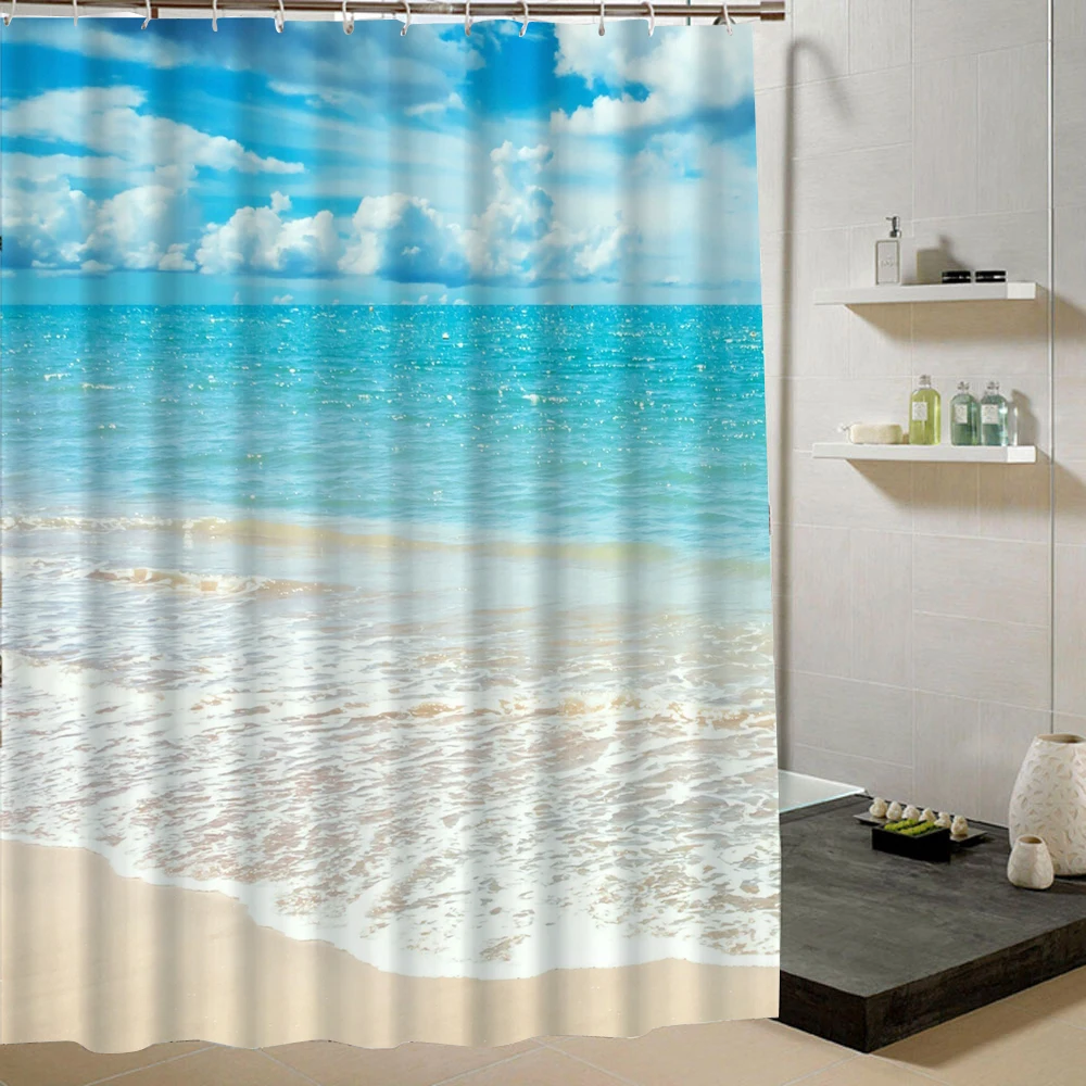 Summer Fresh Beach Shower Curtain Blue Sky Pattern 3d Print Curtain for ...