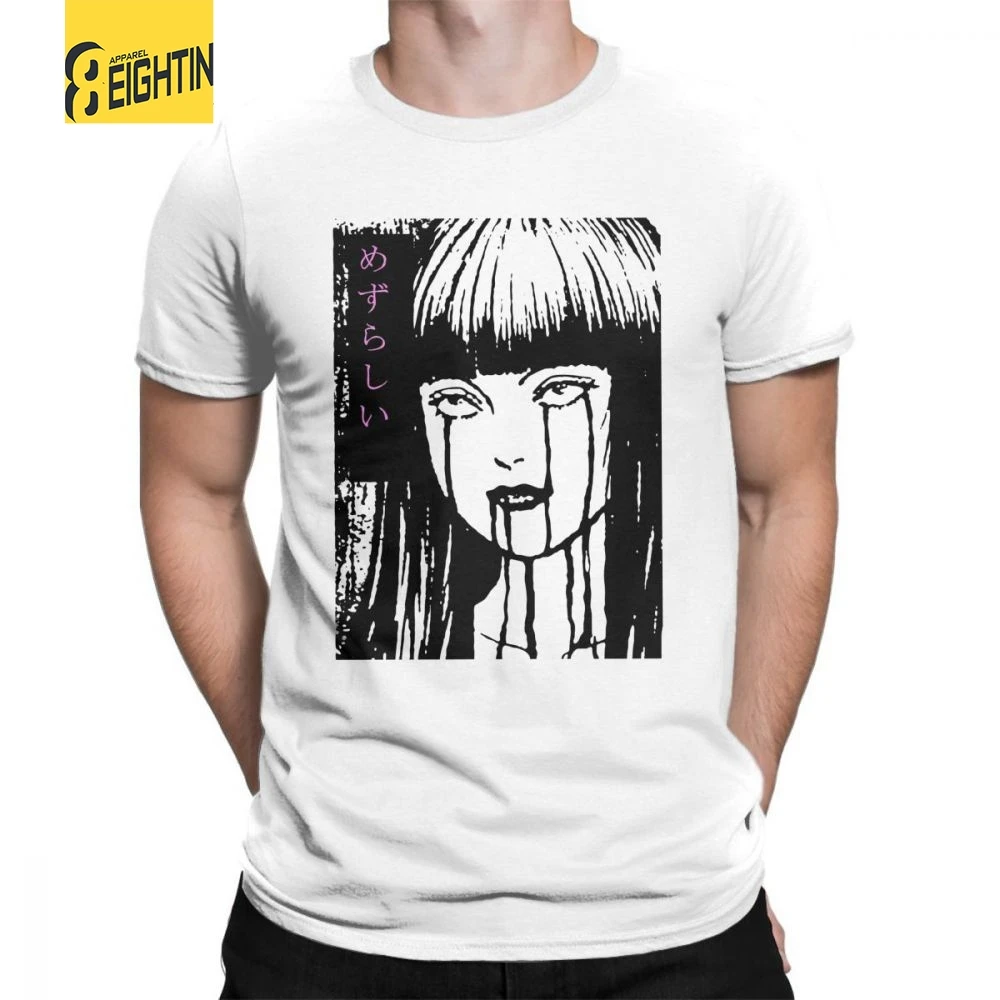 

Man's T Shirts Horror Halloween HoJunji Ito Slug Girl Novelty Short Sleeve Tee Shirt Round Neck Tops Pure Cotton Grey T-Shirt