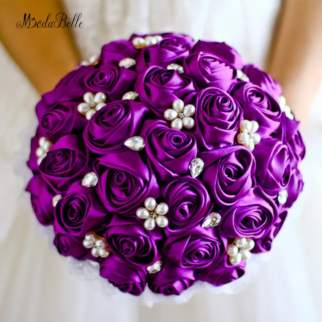 Purple Wedding Bride Bouquet Pearls Royal Blue Satin Purple Wedding Bride Bouquet Pearls Royal Blue Satin Bridesmaid Trouw Boeket Bridal Flowers Artificial White