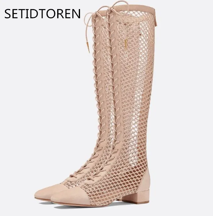 Summer Women Plus Size 44 Fashion Runway Knee High Fishnet Boots Sandals Cross Net Tied Cut Outs Thick Low Heels Lace up Shoes