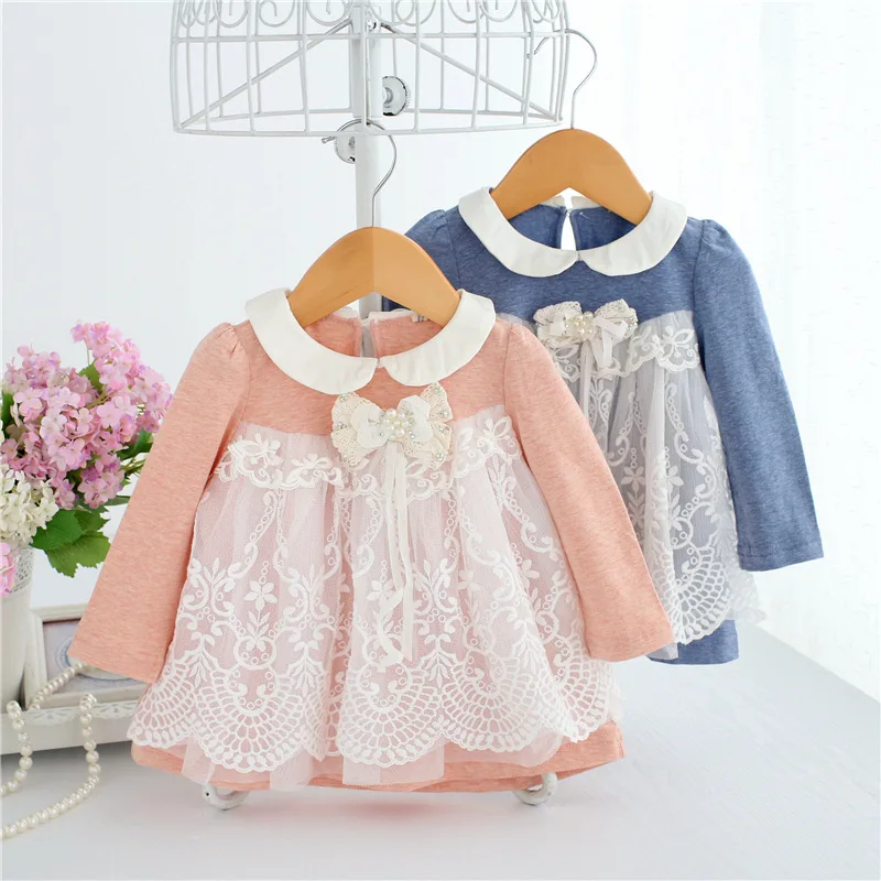 Brand 2018 New Baby Girl Sweet Lace Beaded Bow Princess Tops Shirts Girls Infant Cotton Long Sleeved Dress Newborns Clothes