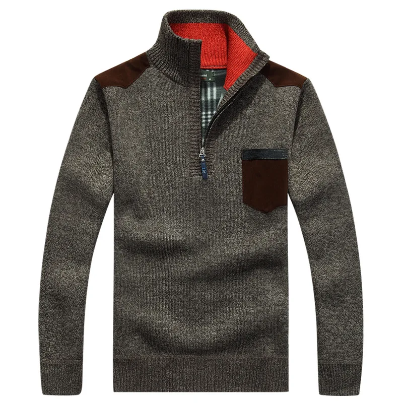 Зимний свитер, мужской кашемировый пуловер с высоким воротом, теплый флисовый корейский английский стиль, пальто, куртка с длинным воротником на молнии, мужская одежда - Цвет: Dark brown