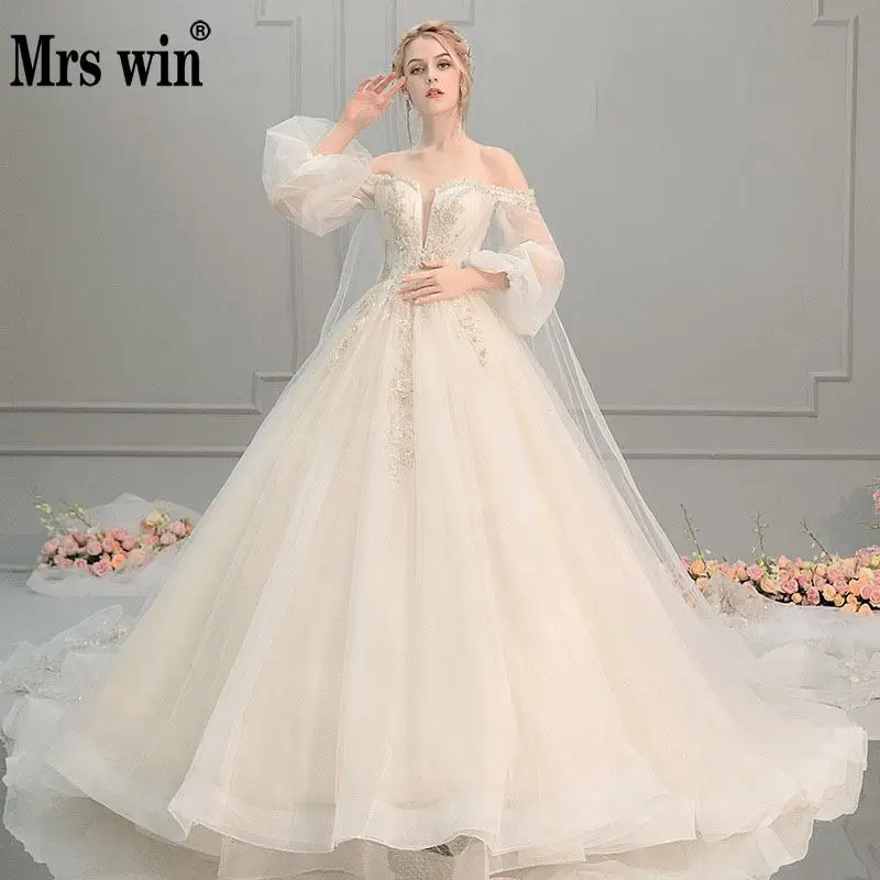 off shoulder puff sleeve wedding dress