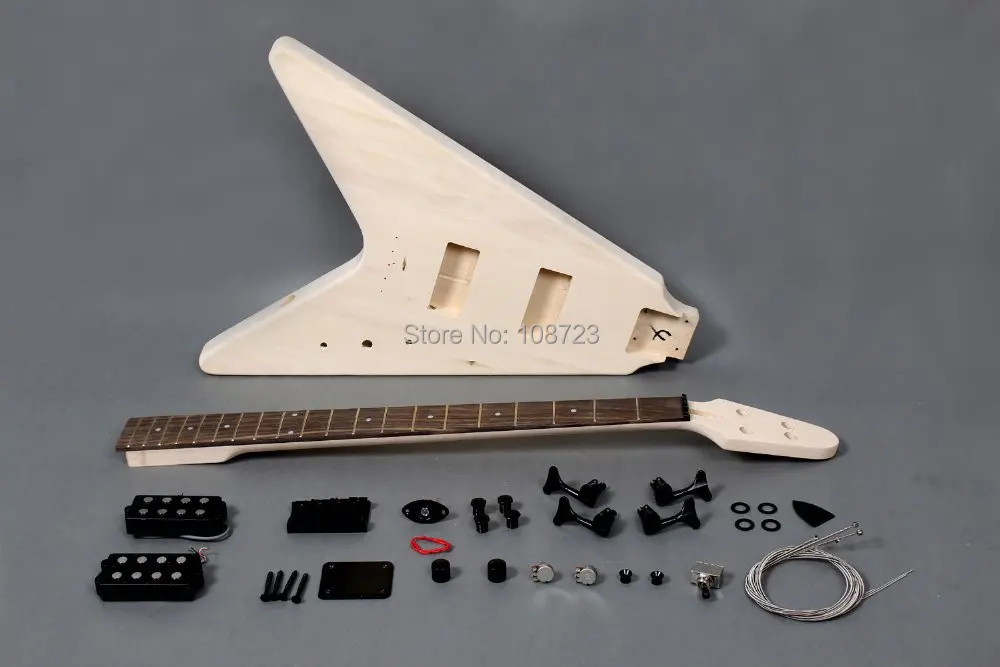 Flying V style 4 strings electric bass guitar DIY kit