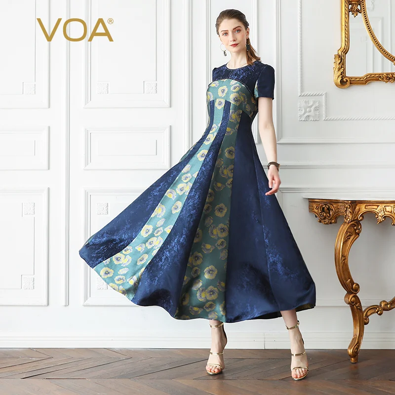 

VOA Heavy Silk Party Dress Women Maxi Long Pleated Dresses Plus Size 5XL Vintage Elegant Print Slim High Waist Tunic Summer A680