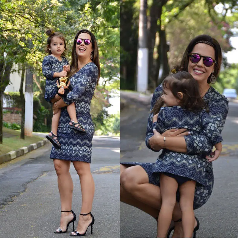 

2017 Brand New Mother and Daughter Boho Clothes Parent-child dress Family Matching Outfits Set Long Sleeve Geometric Dress
