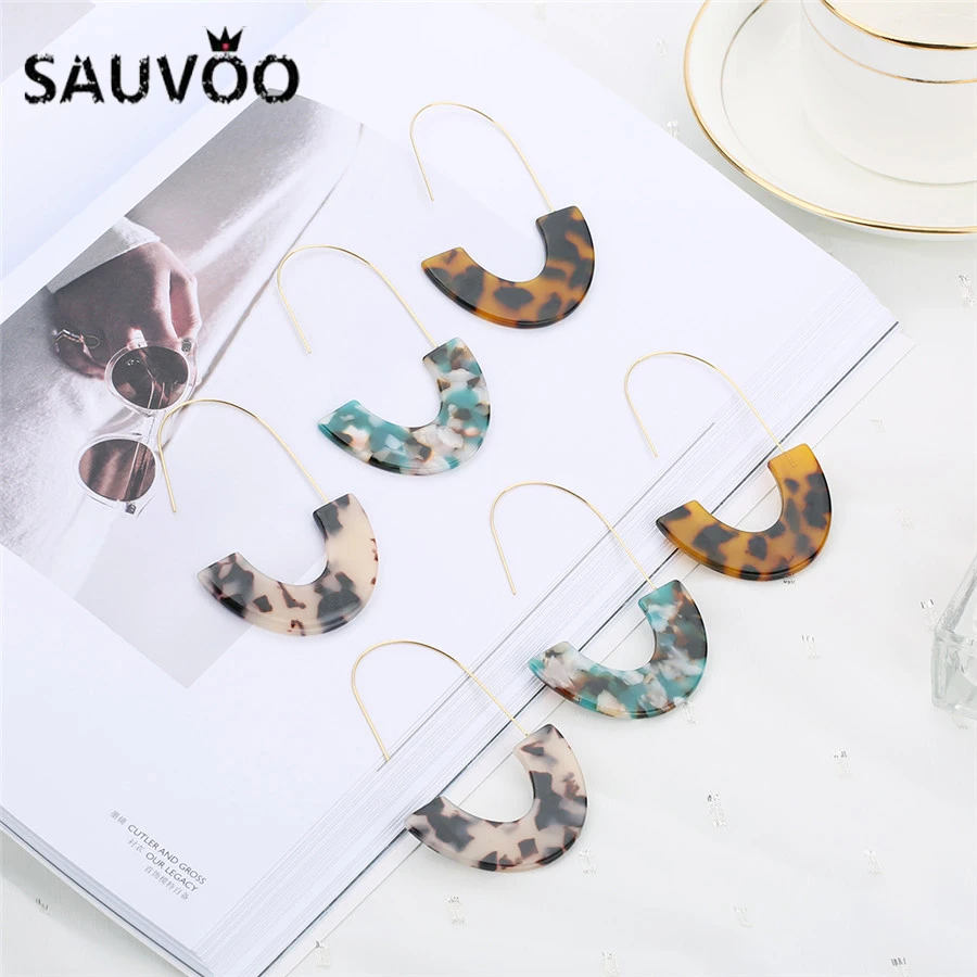 

SAUVOO 2018 Unique Leopard Grain Big Hook Acrylic Earrings For Women Fashion Semicircle Resin Statement Earrings Jewelry Gifts