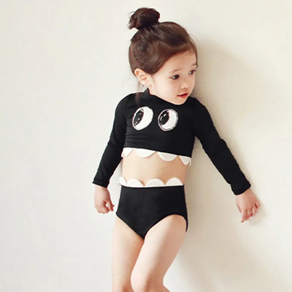 

MUQGEW Swimming Suit for Kid Baby Girls Long Sleeve Cartoon Big Eyes Printed Beachwear Pool Beach Swimsuits Swimwear Sets