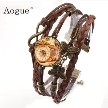

Retro Brown Artificial Leather Telescope Retro Sailing Bracelet Rock Biker Bracelets Round Glass Cabochon Bracelet