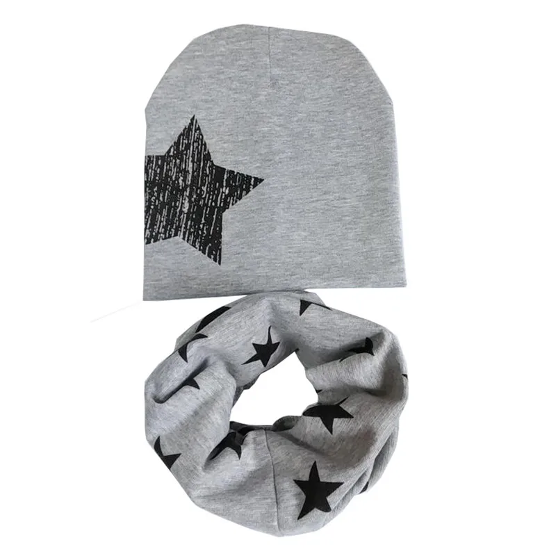 Grey one star set Новая осенне-зимняя детская шапка, комплект для мальчиков и девочек, шарф на шею, весенний теплый шейный платок, детские вязаные шапки, комплекты, хлопковая детская шапка, шарф - Цвет: Grey one star set