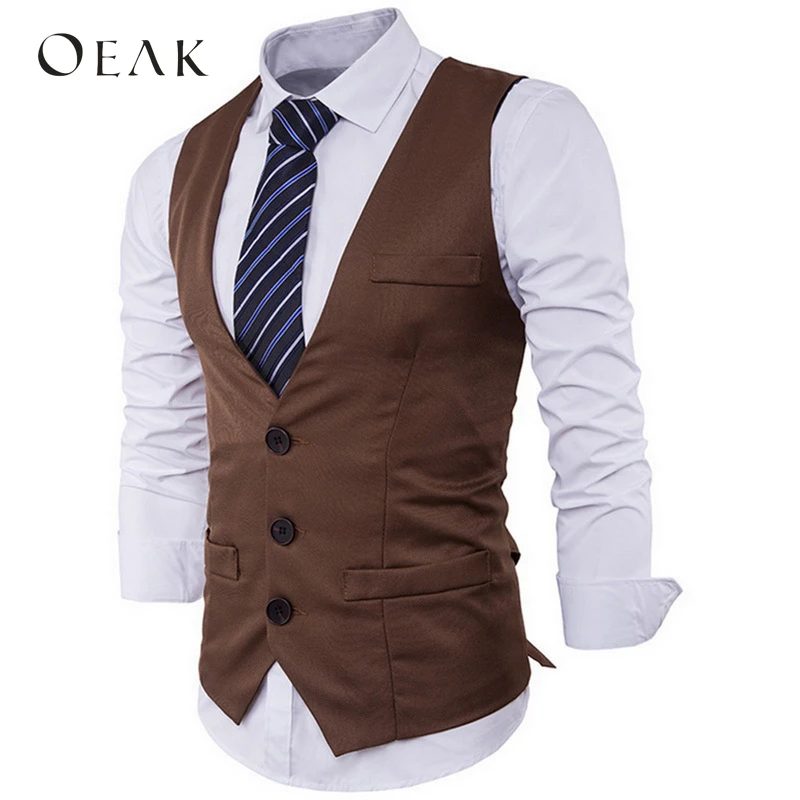 

Oeak Men's Slim Business Suit Vest Single Breasted Solid Color Gentleman Male Vintage Retro Vest V Neck Sleeveless Jackets
