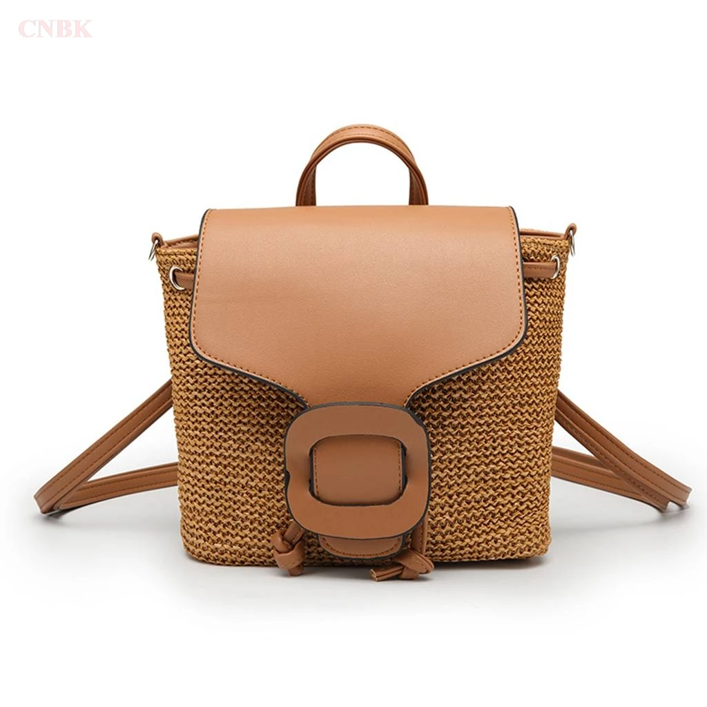 

2019 Summer Small Fresh Light Retro Solid Color Straw Stitching Versatile Backpack Small Bag Handbag Beach Bag Wholesale