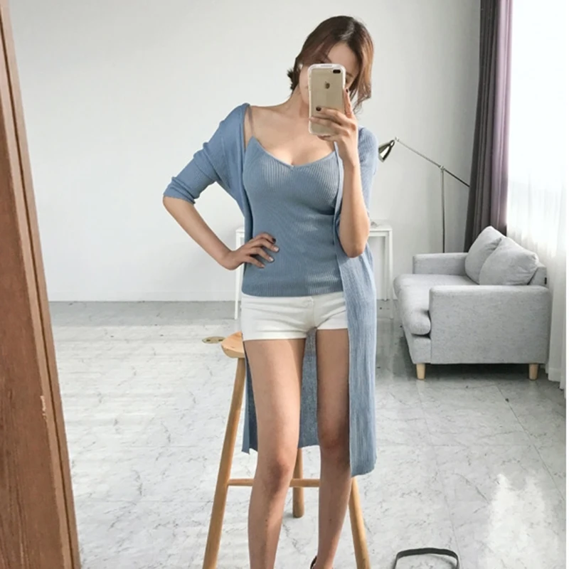 Summer Autumn Three Quater Knit Cardigans + sexy camis top v neck Women Solid Two-pieces Knitting Clothing Sets 7 colors C-001