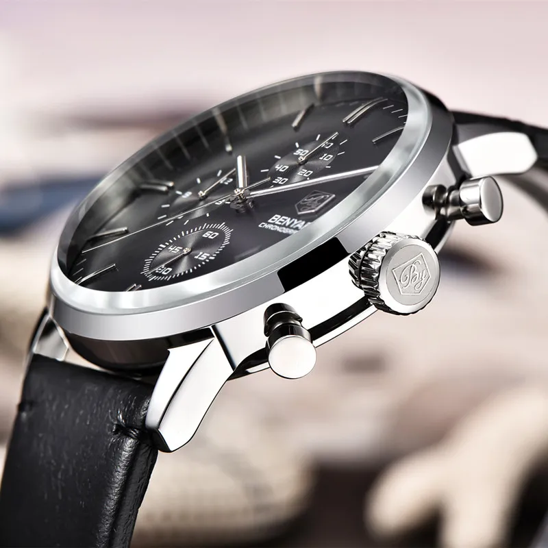 Benyar Роскошные брендовые военные часы Мужские кварцевые хронограф кожаные часы мужские спортивные армейские наручные часы Relogio Masculino новые