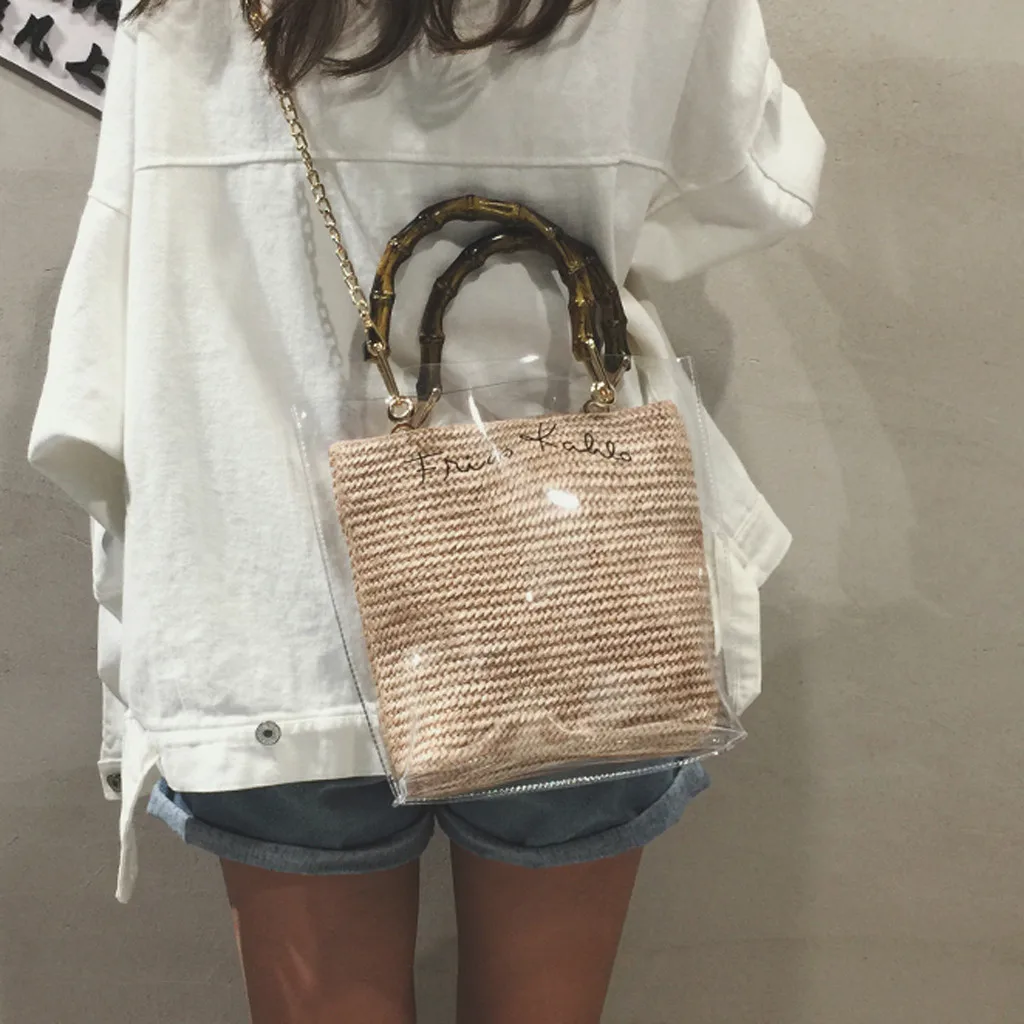 

2019 women bag Trendy Clear Jelly shop Shoulder Bags Ladies Bamboo Weave Handbags For Party bolsa feminina