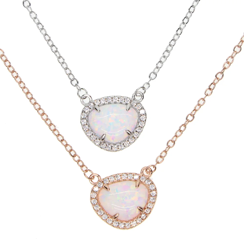 

SILVER rose gold uneven opal stone pave cz arround triangle white fire opal high quality fashion necklace opal