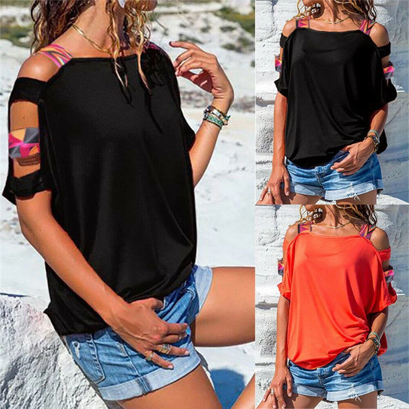 

2019 Fashion Off Shoulder Tee Top Women Ladies Summer Cotton Short Sleeve Casual Loose T-Shirts Solid Casual T-Shirts