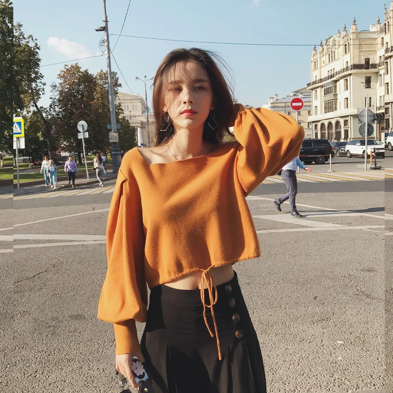 Kopen 2019 Mishow Herfst Vintage Gebreide Trui Voor Vrouwen Mode Causale Vierkante Kraag Lantaarn Mouw Korte Tops MX18C5196