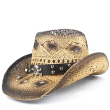 Панк бренд соломенная полая западная ковбойская шляпа для женщин и мужчин ручная работа Федора Sombrero Hombre пляжная ковбойская джаз шляпа от солнца Размер