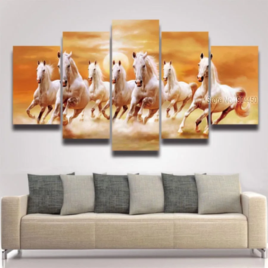 5 Panel Painting Canvas Wall Art Running Horse Sunset Landscape Modular