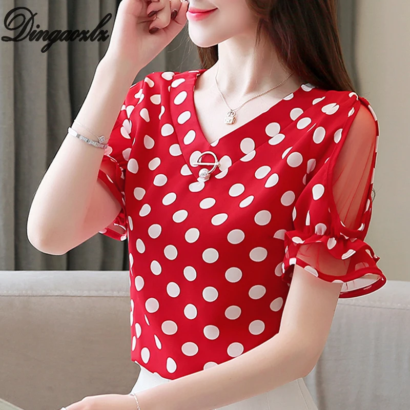 

Dingaozlz Short-sleeved Chiffon blouse Patchwork Women Tops New Summer 2019 Polka dot Casual Lace shirt blusas mujer