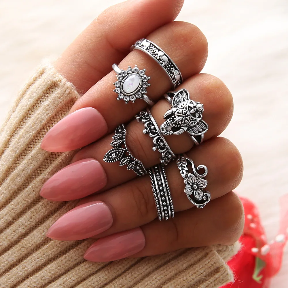 

Brand women's jewelry bohemian ethnic style elephant mosaic combination 7-piece ring female ringen voor vrouwenS075
