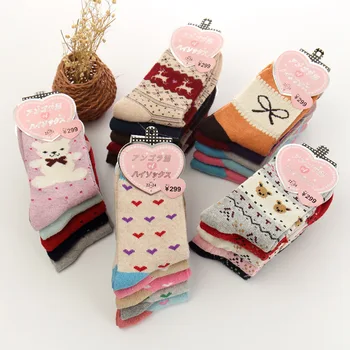 

Christmas Gift Warm Thickened Rabbit Wool Mix Cotton Cartoon Pure Color Autumn And Winter Middle Tube Women Cocks 5pair/lot