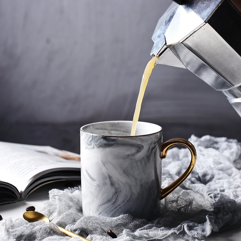 

400ml ceramic coffee marble mugs with gold handle natural marble office drinking milk mugs cups gifts