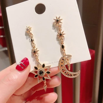 

crescent half star moon dangle earrings black crystal long tassle big star drop earrings sailor moon handmade fashion jewelry