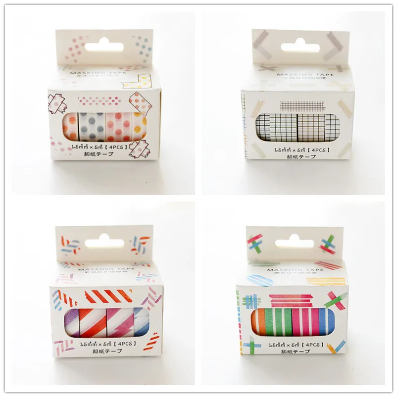 

4 Rolls Washi Masking Tape Set Grid Stripes Dot Paper Masking Tapes Japanese Washi Tape Diy Scrapbooking Sticker, 15mm x 5m