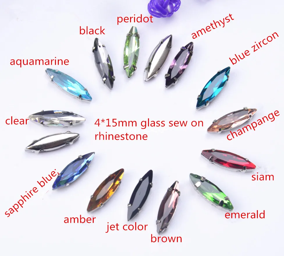 

20pcs 4*15mm Slender horse eye Crystal Colorful Sew On beads With Claw Setting Silver Back Stone With Metal Claw With Holes