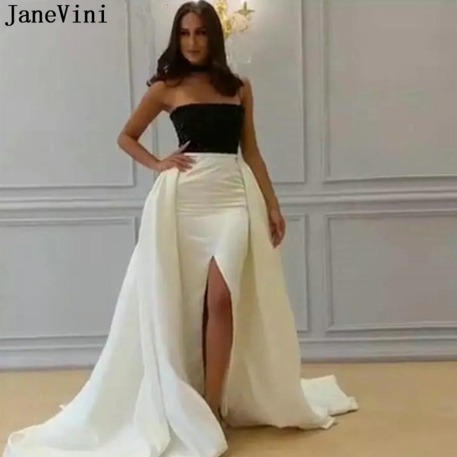 JaneVini Sexy Black and Ivory Mermaid Evening Dresses with Detachable Train 2019 Strapless Front Split Satin Dress Abito Lungo | Свадьбы и