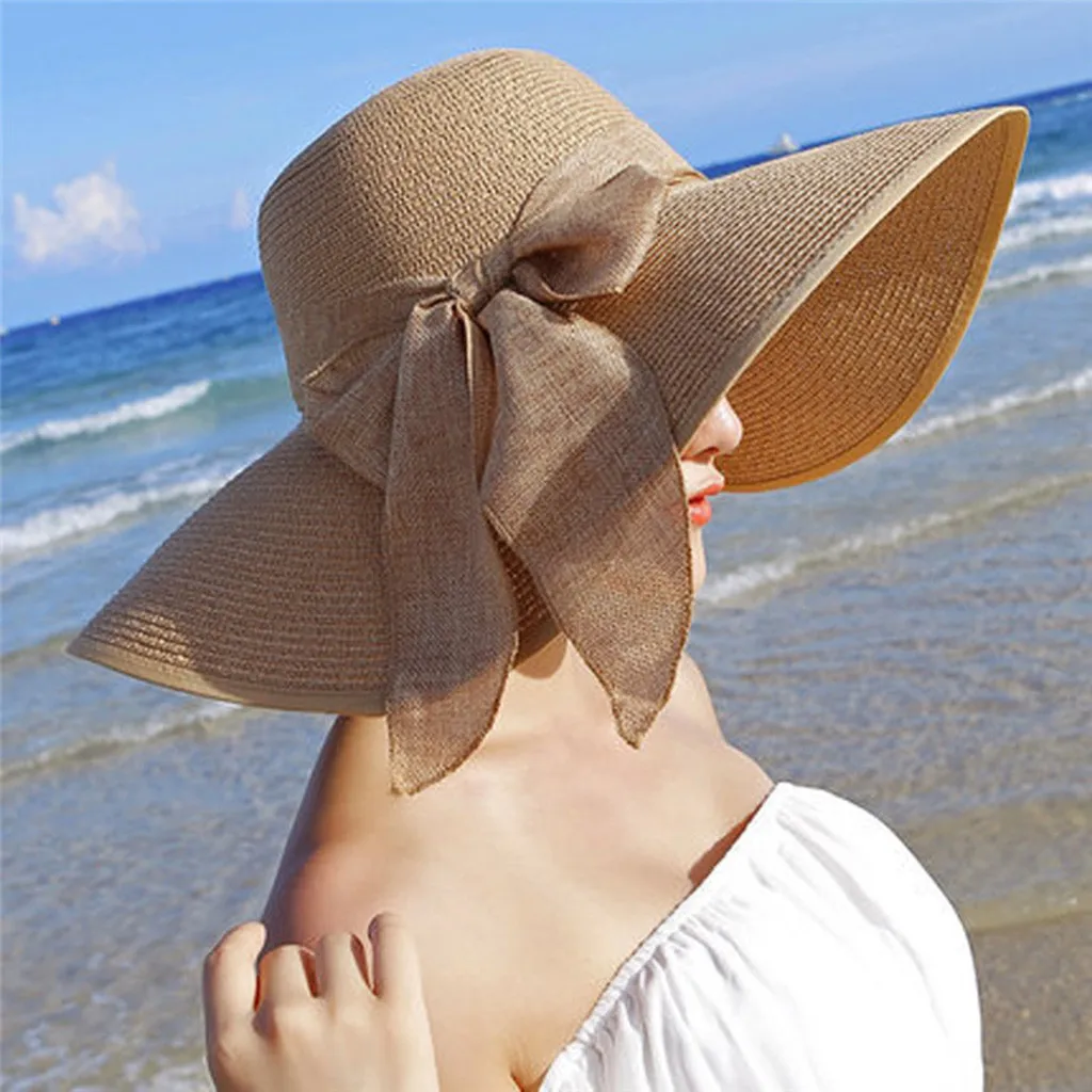 Новинка, модная женская соломенная шляпа ручной работы, бант, лента, солнцезащитные шляпы, широкие полями, повседневные женские летние тени, пляжная шляпа, анти УФ, J - Цвет: KH