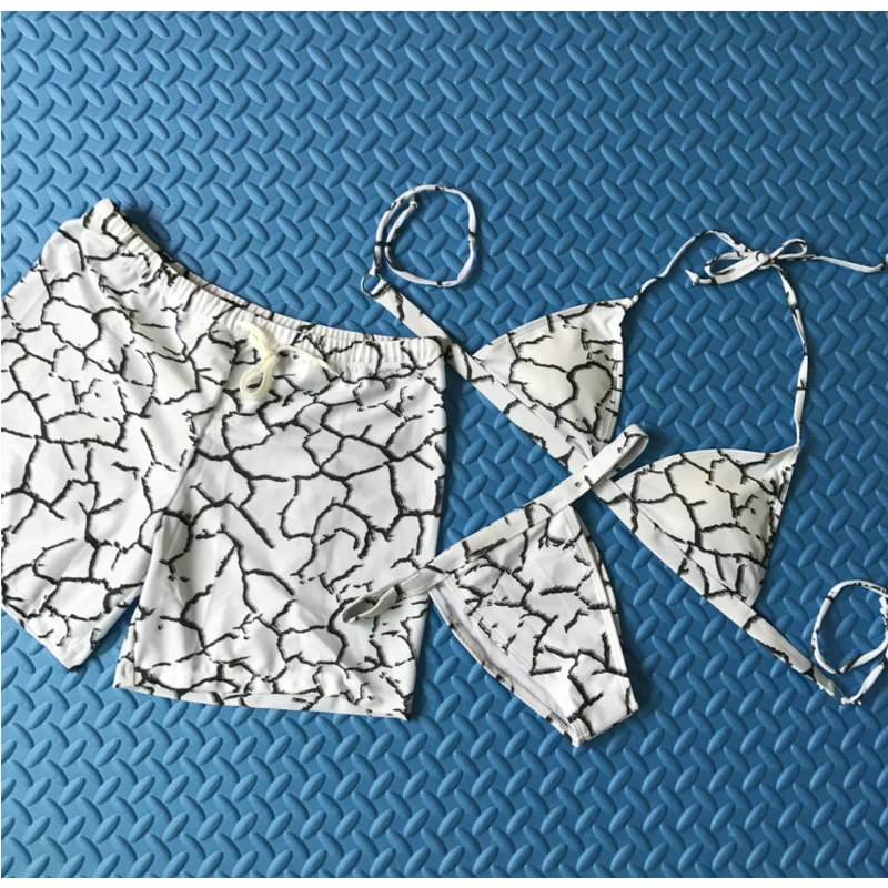 FS 2018 Trunk Print Couple Lovers Swimwear Swimsuits Male Sport Swim Briefs Trunks Female Bikinis Set For Women Bathing Suits_1