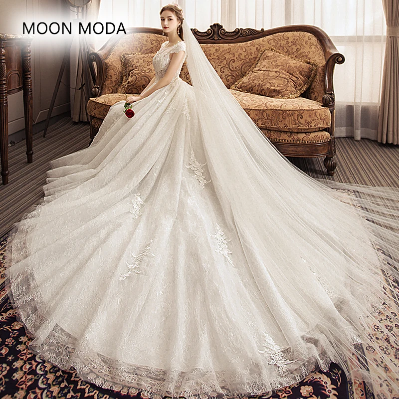 

Lace wedding dress 2019 with long tail bride dress plus size ball gown muslim wedding-dress A-line vestidos de novia real photo
