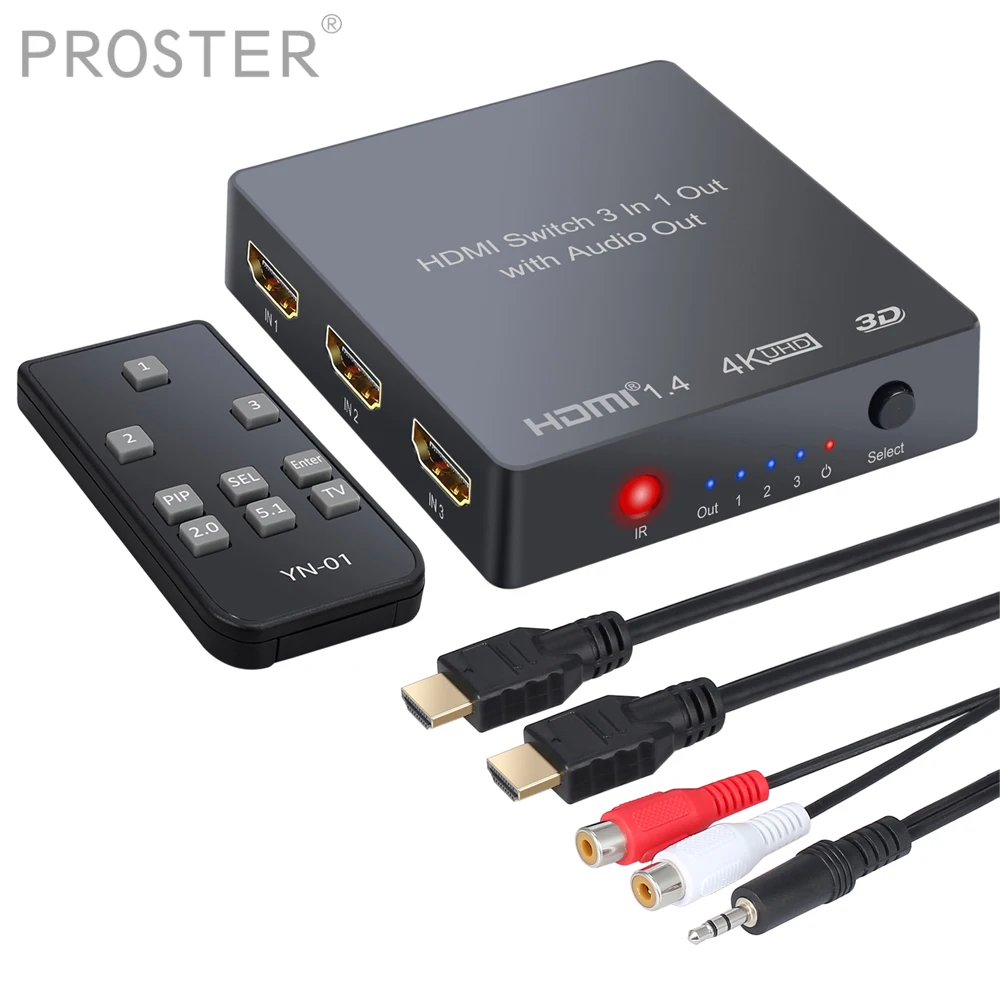 Tanie Proster 3x1 hdmi przełącznik z ekstraktor audio optyczne toslink spdif wyjście wsparcie 4K 3D 1080P PIP przełącznik hdmi z kabel rca
